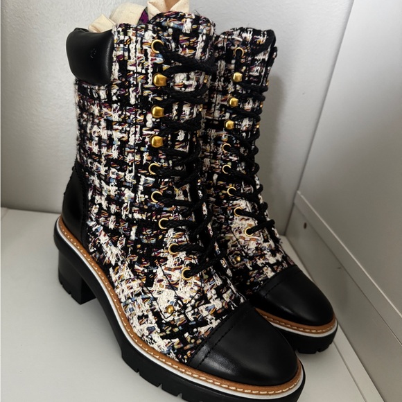 Tory Burch Miller Leather and Tweed Lace Up Boot - Picture 1 of 7